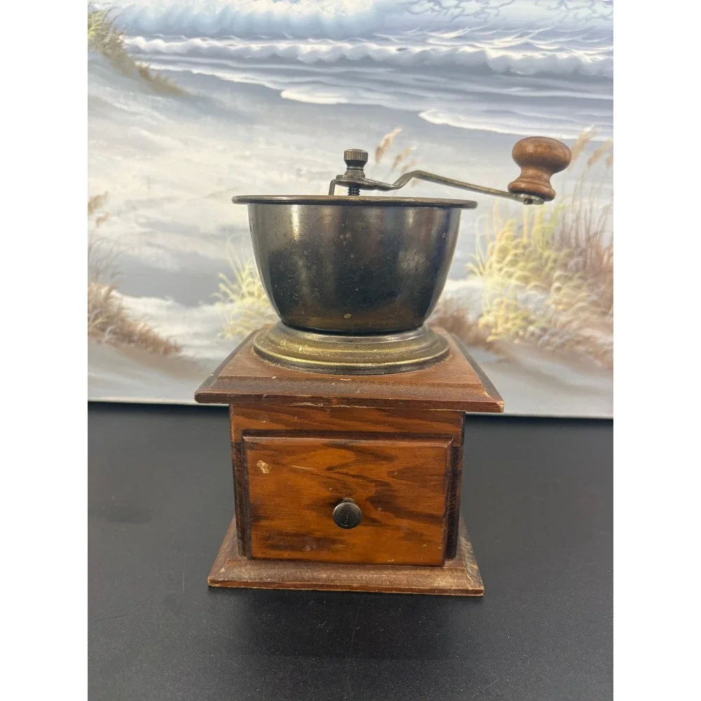 Vintage Wooden Manual Coffee Grinder Hand Crank Mill Rustic Kitchen Decor 8in